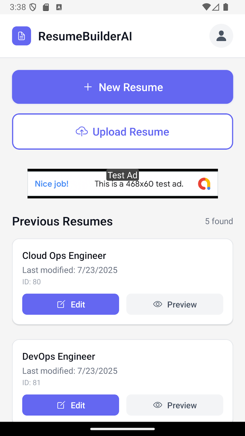 ResumeBuilderAI mobile app screenshot showing AI-generated resume content suggestions