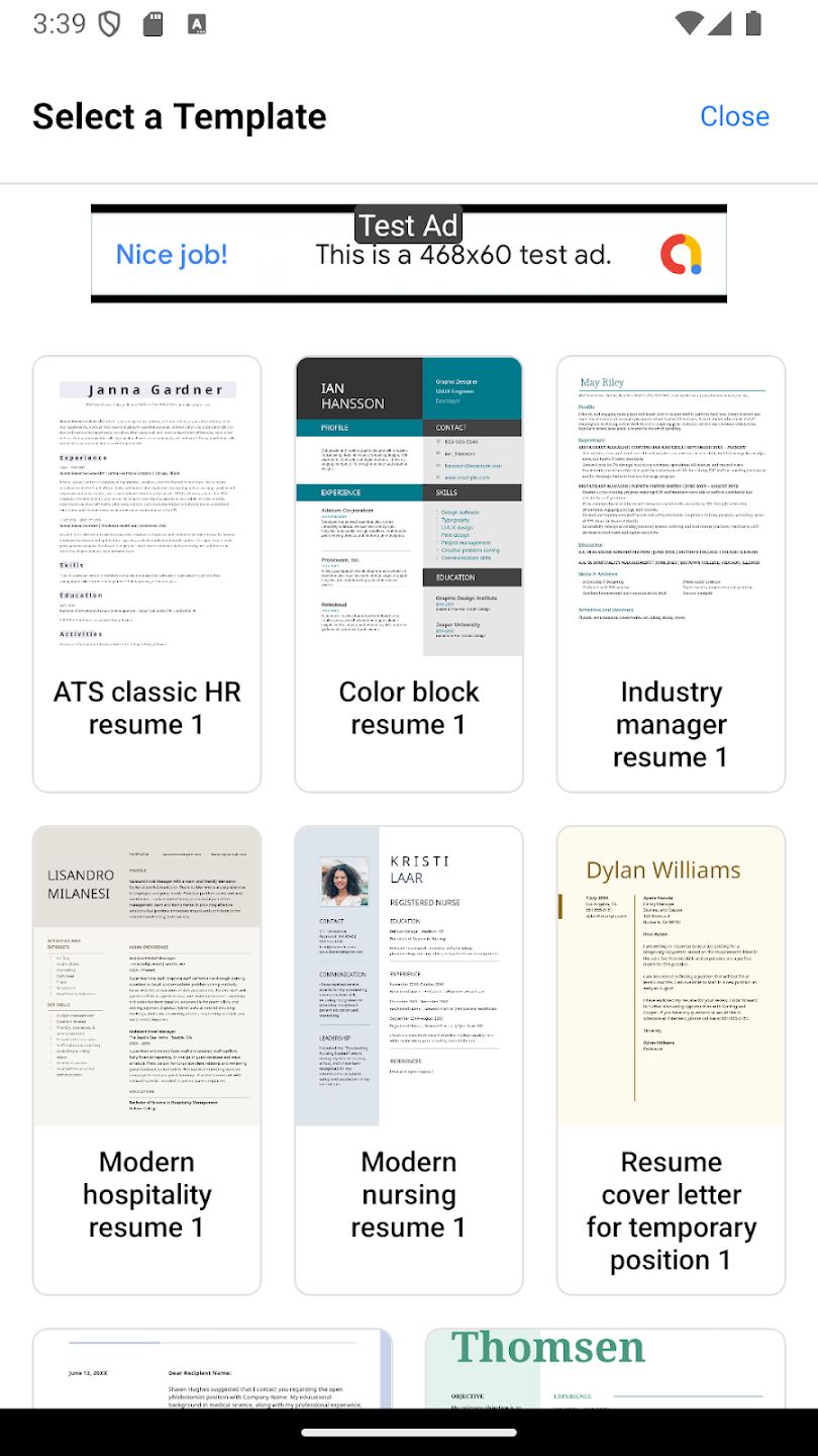 ResumeBuilderAI mobile app screenshot showing customizable resume templates