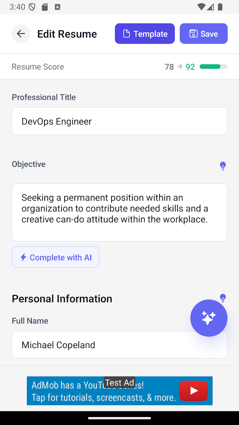 ResumeBuilderAI mobile app screenshot showing real-time editing and sync
