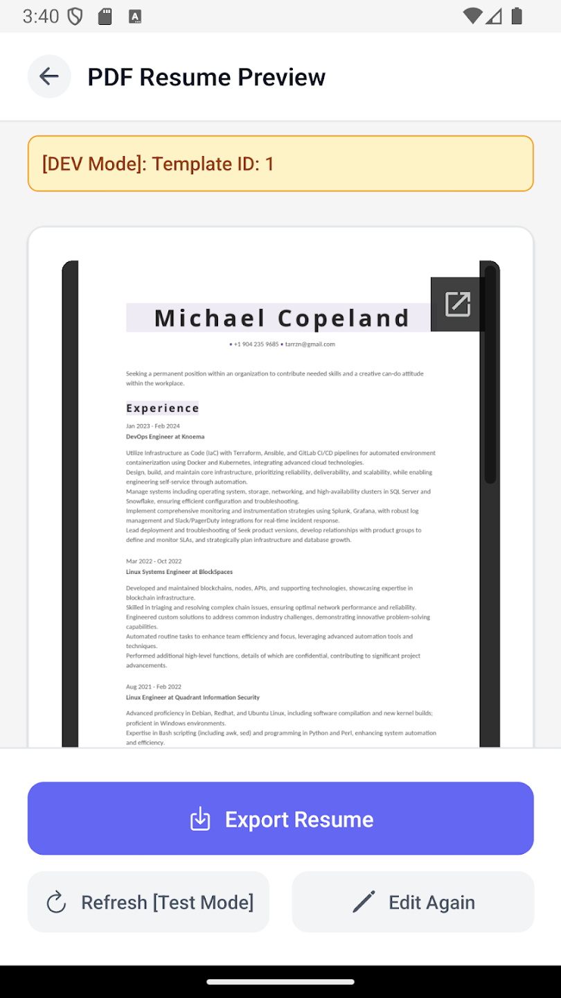 ResumeBuilderAI mobile app screenshot showing secure data handling